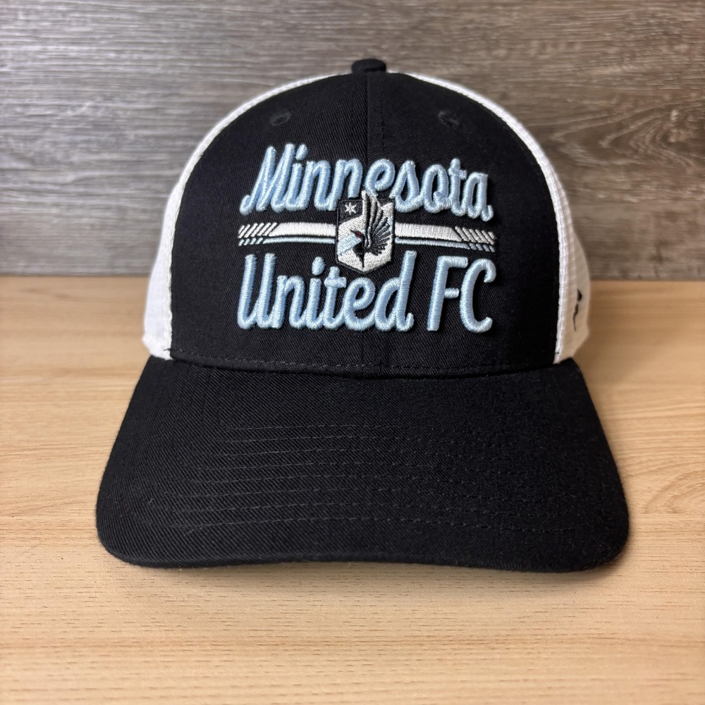 Minnesota United FC Hat Cap Snap Back Mens Black White MLS Soccer Trucker Script